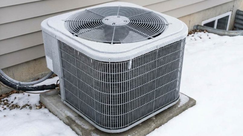 heat pump outdoor unit completely covered in thick ice during winter