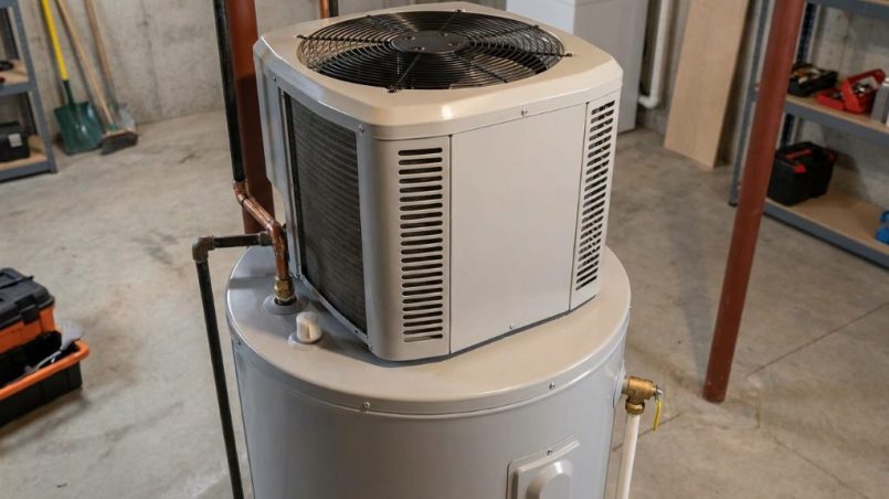 heat pump water heater installed in a basement with visible refrigerant coil