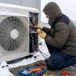homeowner calling for emergency heat pump repair during a winter storm at night