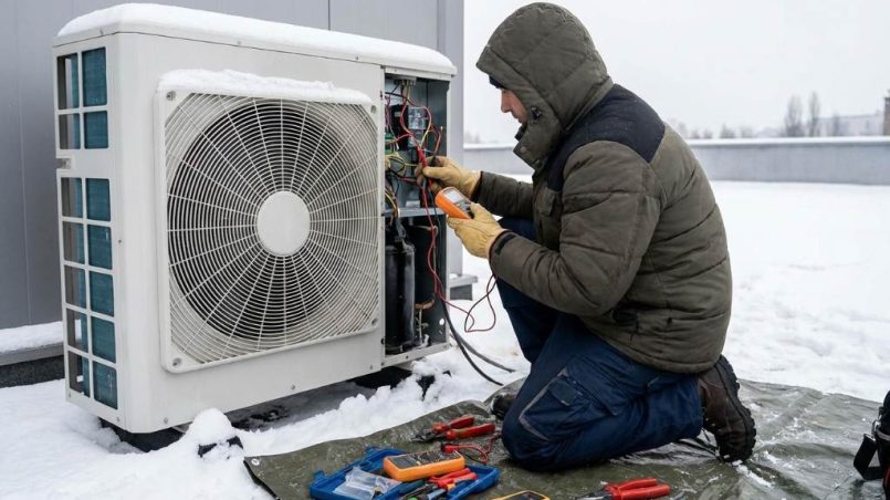 homeowner calling for emergency heat pump repair during a winter storm at night