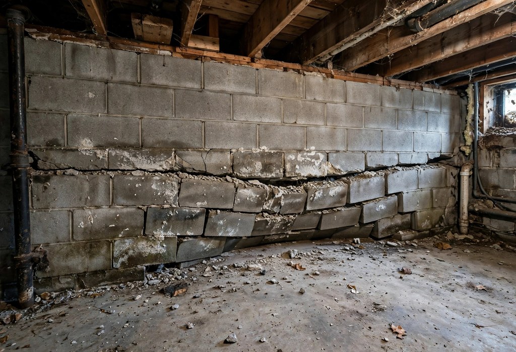 Horizontal crack and bowing in a basement block foundation wall