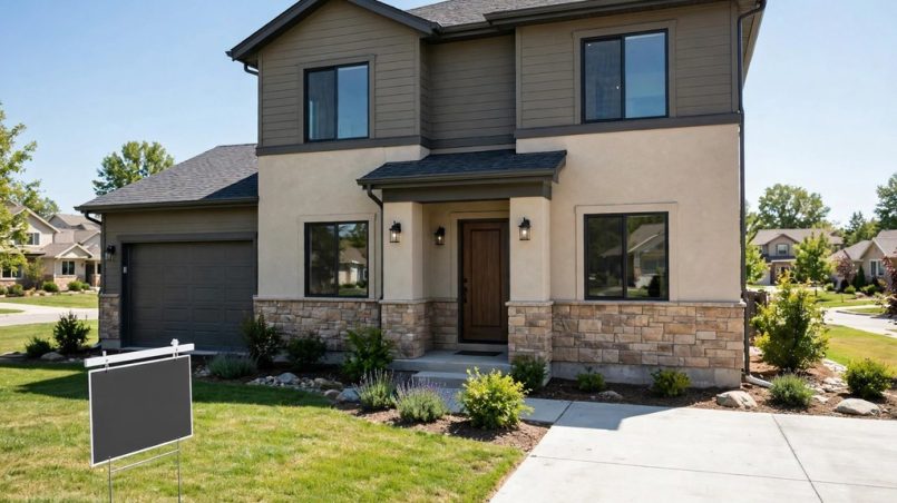 House exterior with a blank for sale sign silhouette and visible foundation line