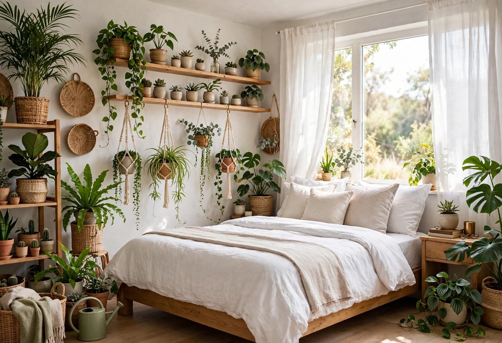 Assorted indoor plants on shelves hangers and corners filling a bright greenery bedroom