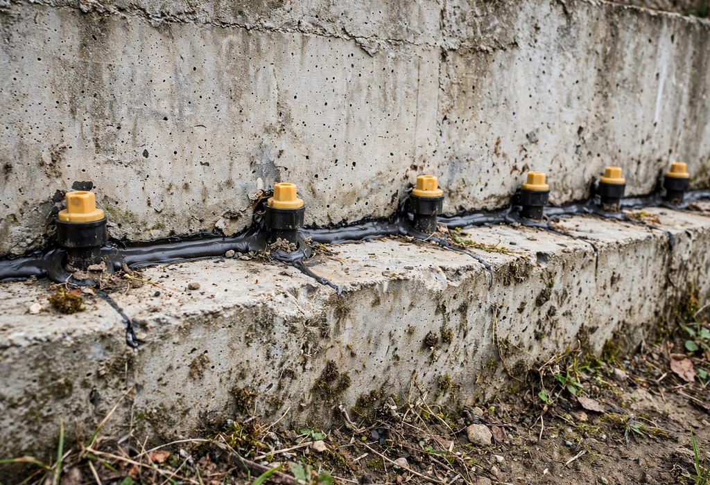 Close-up of injection ports spaced along a sealed concrete foundation crack
