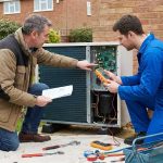 licensed technician performing heat pump repair on residential outdoor unit