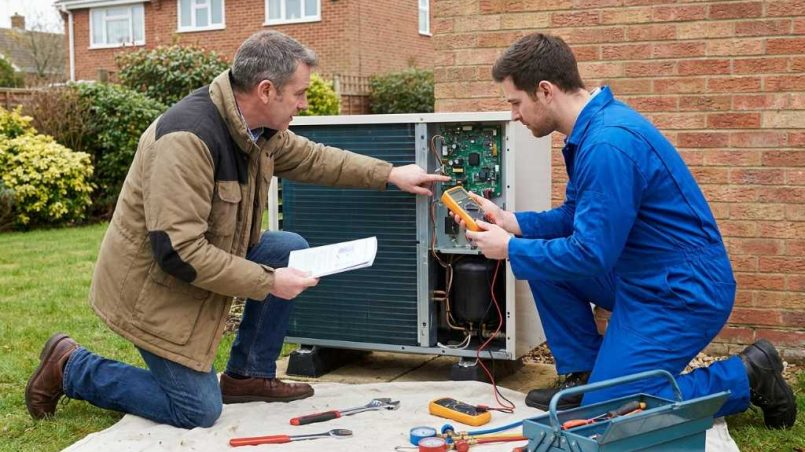 licensed technician performing heat pump repair on residential outdoor unit