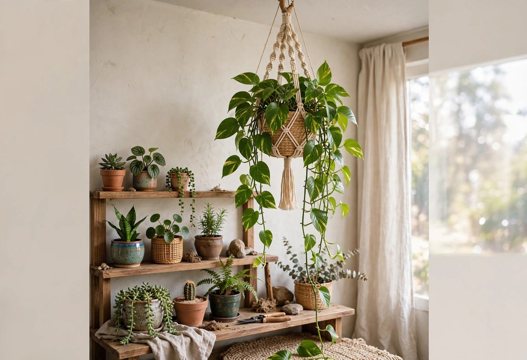 Bedroom plant corner ideas with trailing pothos in a macrame hanger above a layered plant shelf