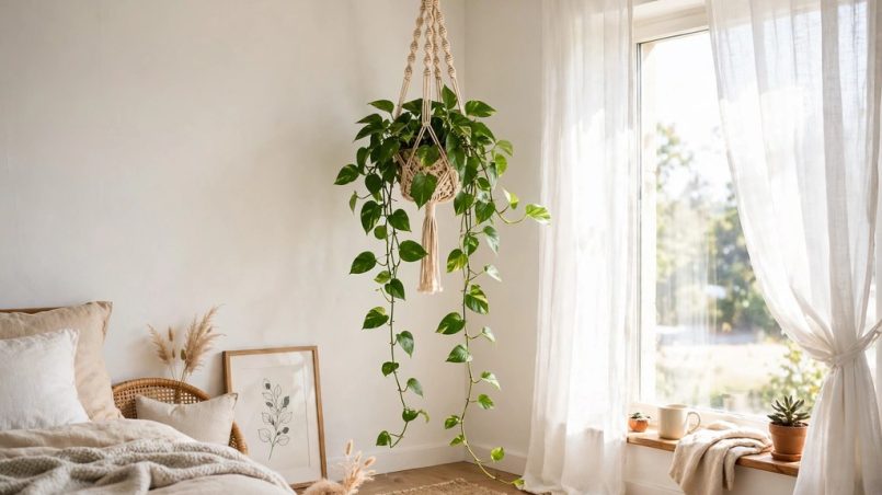 Corner display: Pothos trailing from a macrame hanger in a bright bedroom corner