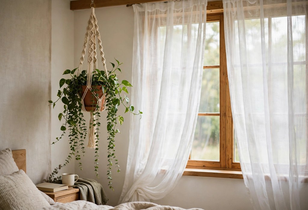 Monstera and fiddle leaf fig creating a lush green plant corner in a bright, calm bedroom
