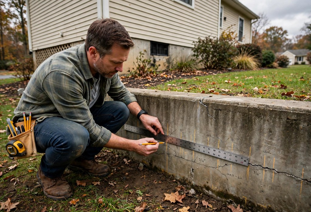 Homeowner measuring a hairline foundation crack with a ruler and pencil marks