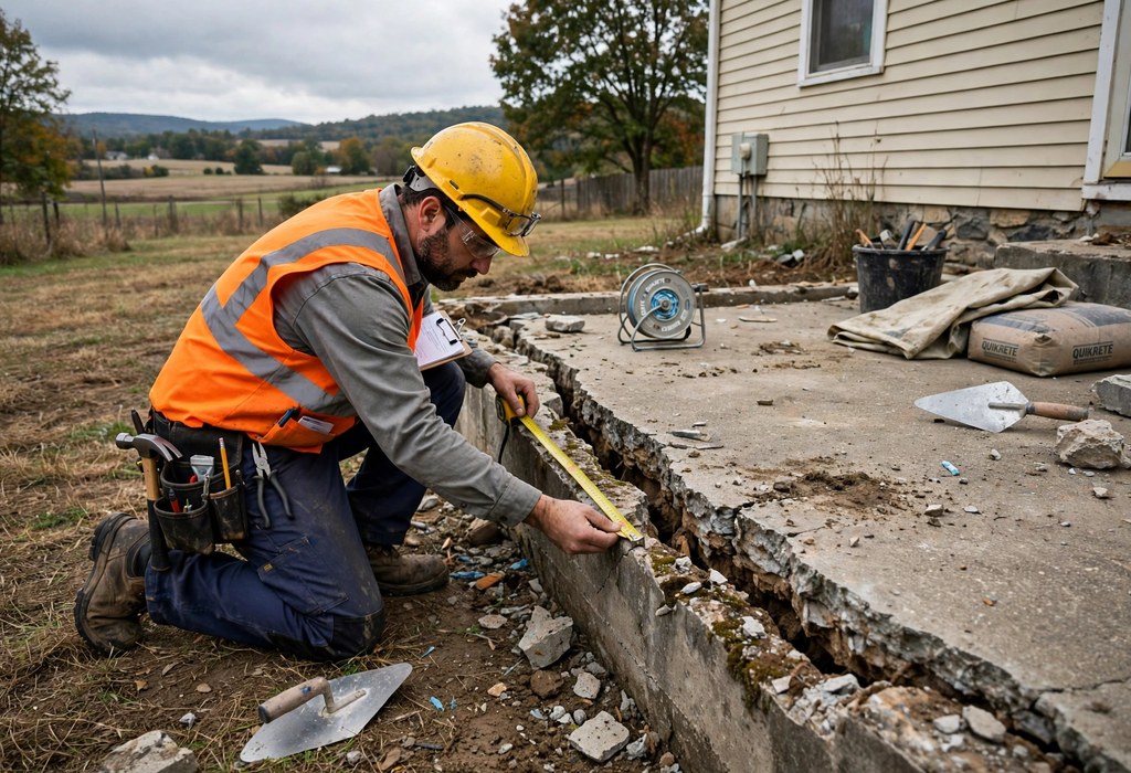 Contractor measuring a wide foundation crack before repair work