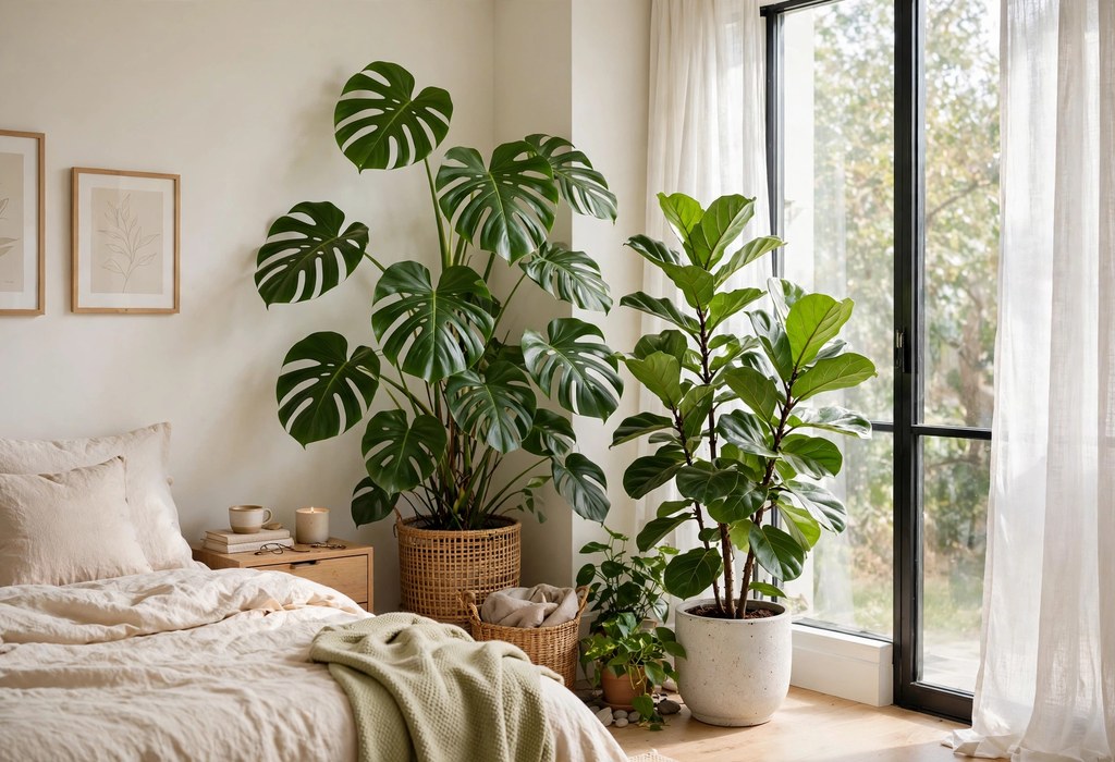 Monstera and fiddle leaf fig creating a lush green plant corner in a bright, calm bedroom