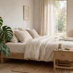 Neutral bedroom with a monstera beside cream linen bedding and light wood furniture