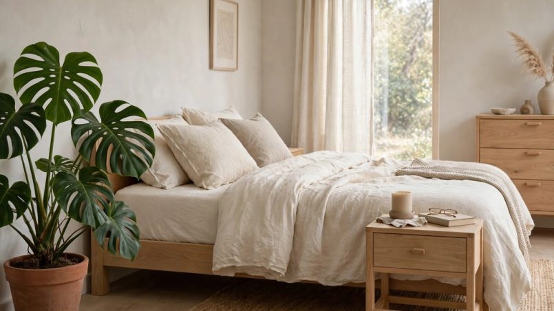 Neutral bedroom with a monstera beside cream linen bedding and light wood furniture