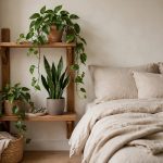 Pothos and snake plant arranged on a wooden plant shelf beside a bed with soft linen bedding