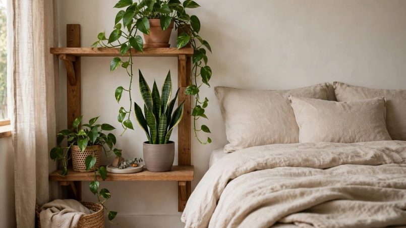 Pothos and snake plant arranged on a wooden plant shelf beside a bed with soft linen bedding