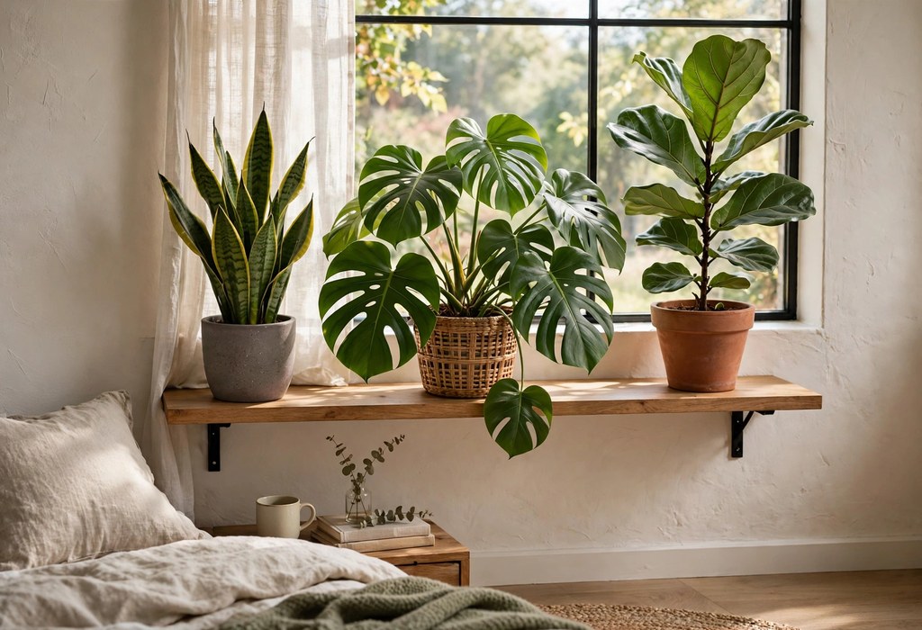Vertical garden in the bedroom with a plant shelf holding snake plant, monstera, and fiddle leaf fig