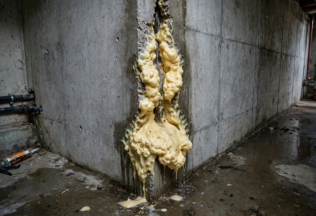 Expanding polyurethane foam injection sealing a leaking crack in a poured concrete basement wall