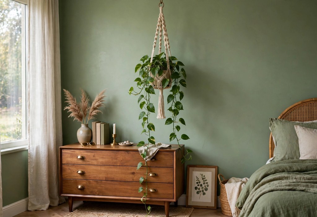 Low-light bedroom plants with trailing pothos in a macrame hanger above a wooden dresser