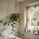 Pothos trailing from a macrame hanger beside a small bedroom window