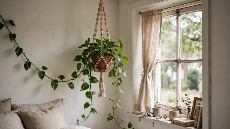 Pothos trailing from a macrame hanger beside a small bedroom window