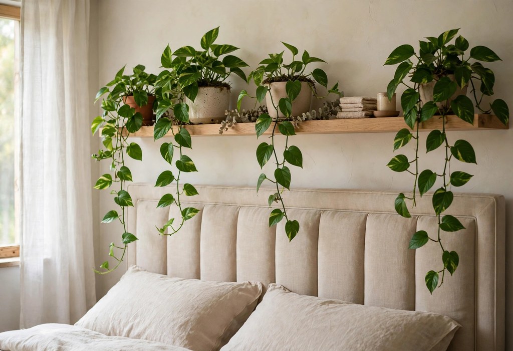 Neutral color schemes with trailing pothos on a plant shelf above a beige upholstered headboard