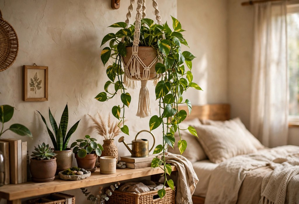 Trailing pothos spilling from a handmade macrame hanger above a cozy bedroom plant shelf