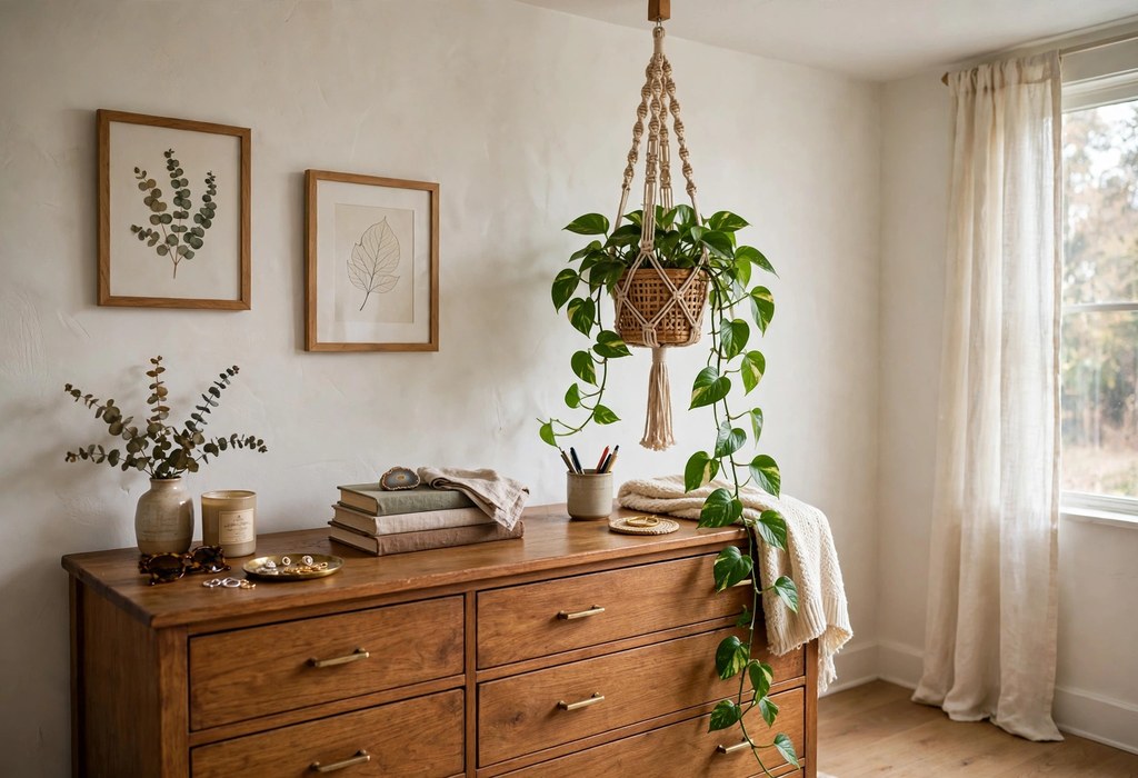 Indoor plants for bedroom decoration with pothos trailing from a macrame hanger above a wooden dresser