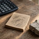 Calculator notepad and cracked concrete sample arranged on a wooden desk