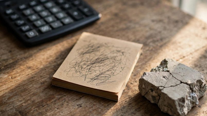 Calculator notepad and cracked concrete sample arranged on a wooden desk