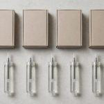 Crack repair kit boxes and resin cartridges arranged on a concrete surface