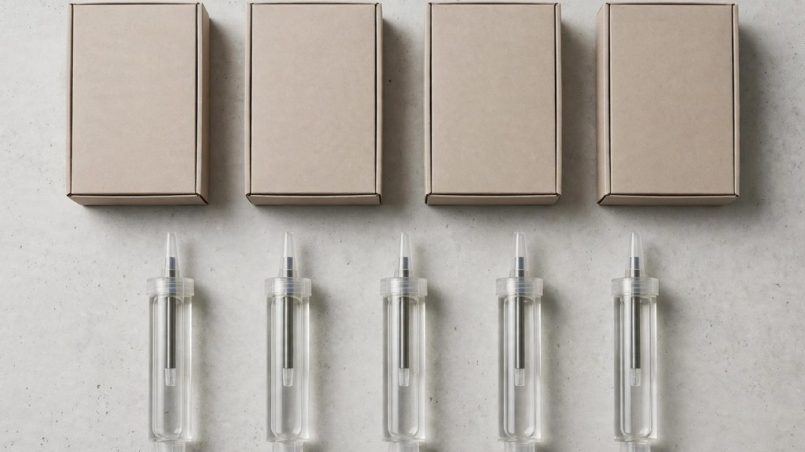 Crack repair kit boxes and resin cartridges arranged on a concrete surface