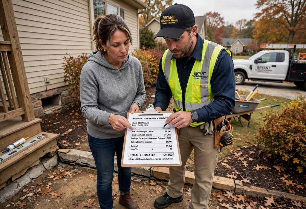 Homeowner reviewing a written foundation repair estimate with a contractor