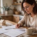 Homeowner reviewing paperwork at a kitchen table with a small model house