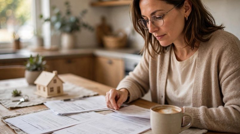 Homeowner reviewing paperwork at a kitchen table with a small model house