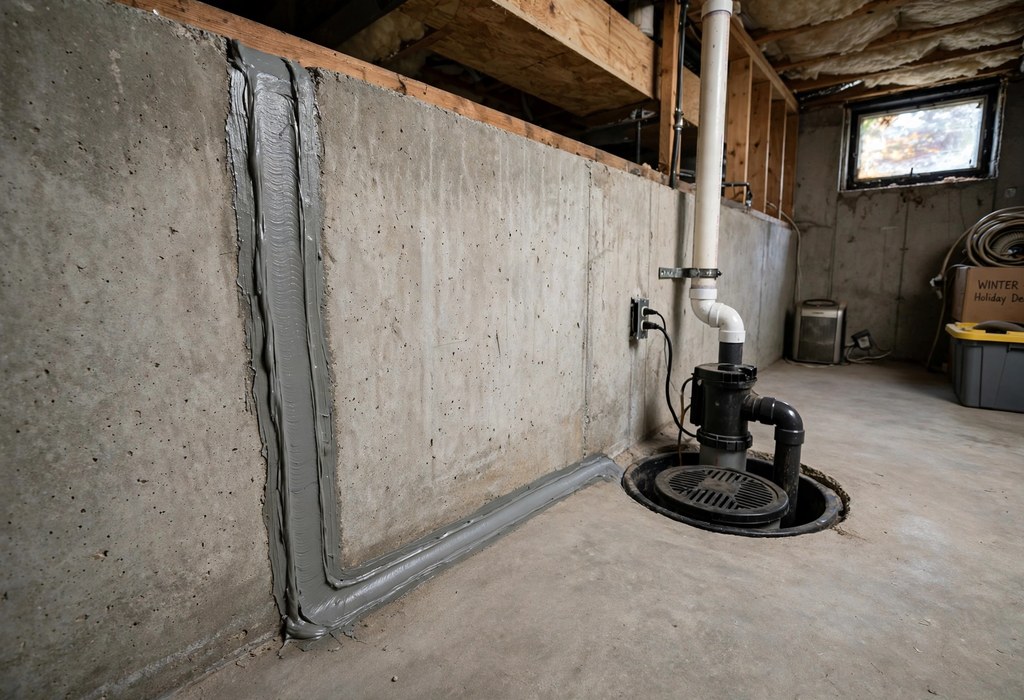 Sealed foundation crack beside a sump pump in a dry basement