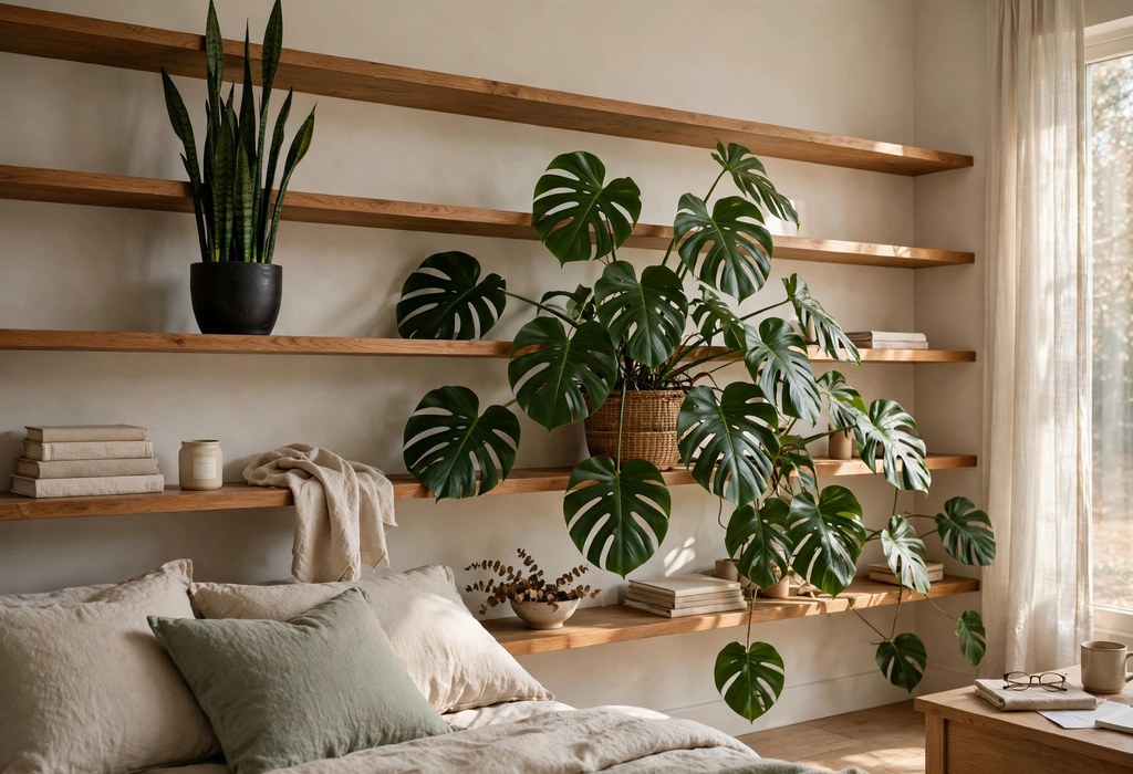 snake plant and monstera arranged in layered heights on bedroom shelves
