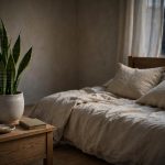 Snake plant in ceramic pot beside bed in dim bedroom with soft indirect light