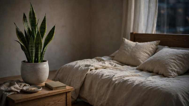 Snake plant in ceramic pot beside bed in dim bedroom with soft indirect light