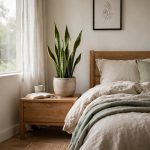 Snake plant in ceramic pot beside bed near soft indirect light