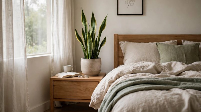 Snake plant in ceramic pot beside bed near soft indirect light