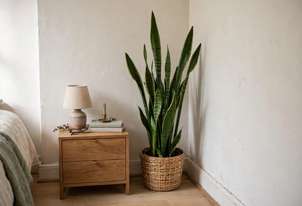 Snake plant in a narrow bedroom corner beside a compact nightstand