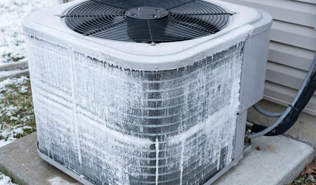 steam rising from a heat pump outdoor unit during a normal defrost cycle