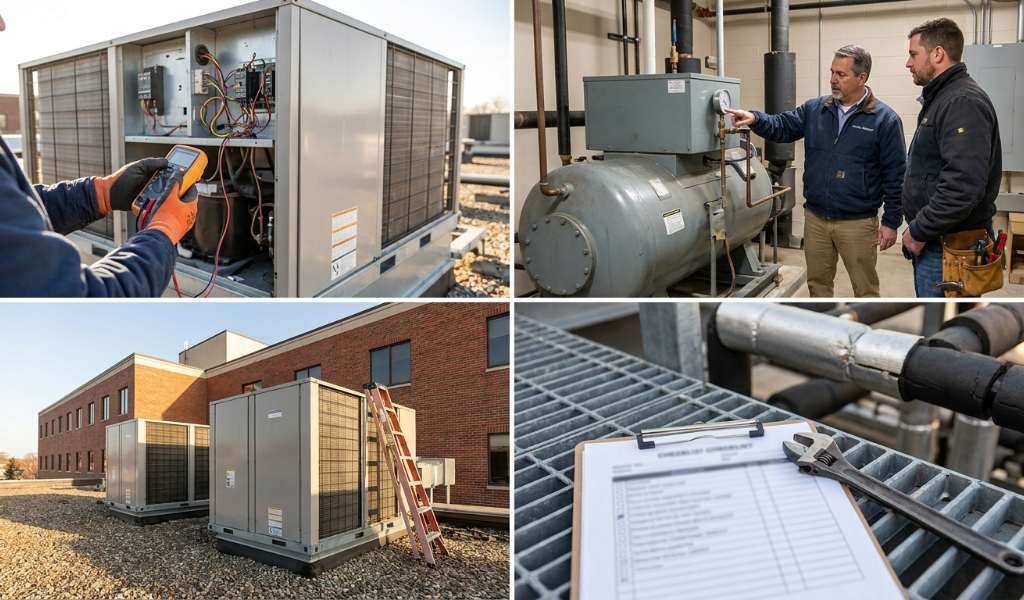 technician checking multi-zone commercial heat pump system controls