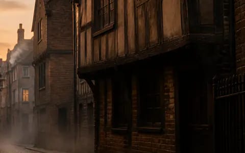 Dark timber-framed house with jettied upper storeys, the kind of wooden building that fed the blaze