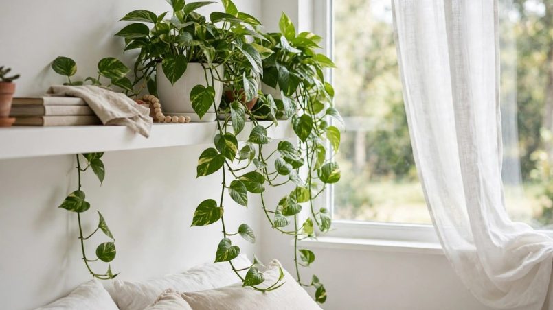 trailing pothos cascading from a white bedroom plant shelf near window