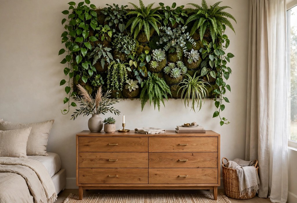 Monstera and fiddle leaf fig creating a lush green plant corner in a bright, calm bedroom