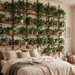 Vertical garden in the bedroom with pothos trailing across wooden plant shelves