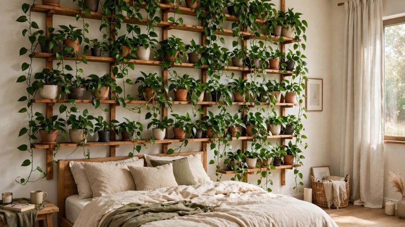 Vertical garden in the bedroom with pothos trailing across wooden plant shelves